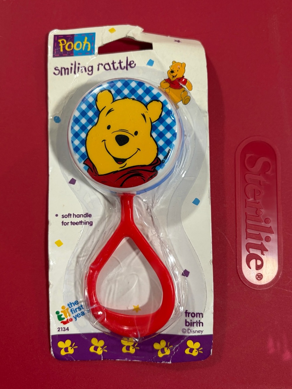 Vintage Disney Pooh Red Smiling Rattle - Baby Teething Toy